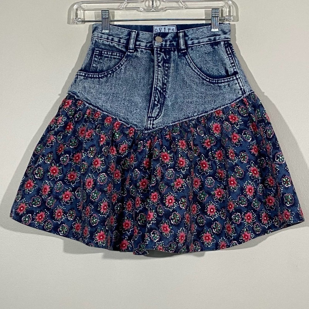 Vintage Extra Cottagecore Denim Floral Skirt 3 - Picture 1 of 5